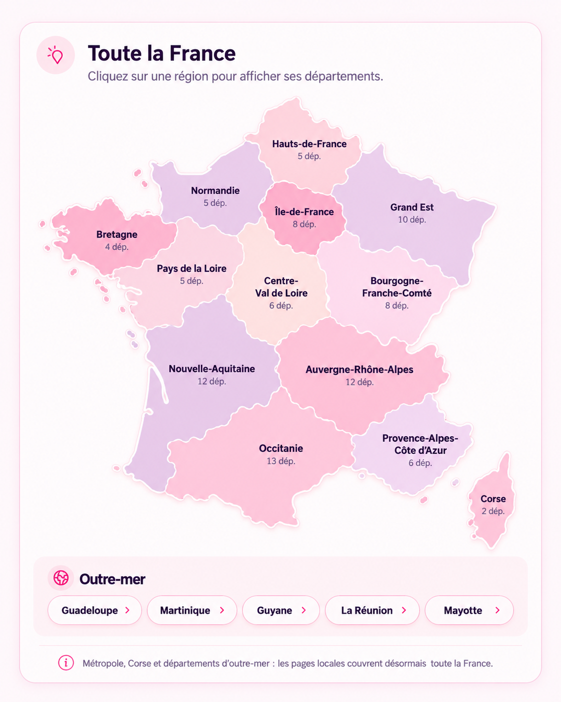 Carte de France par régions avec accès aux pages départementales SheFriendly